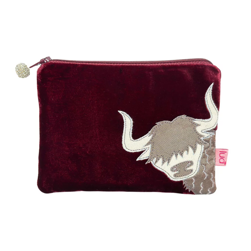 HIGHLAND COW PURSE Dark Red Silk Velvet