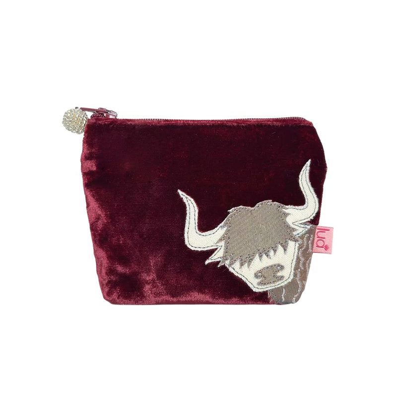 HIGHLAND COW PETITE VELVET PURSE Deep red