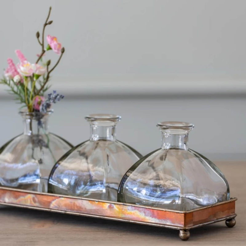 COPPER TRAY WITH 3 VASES