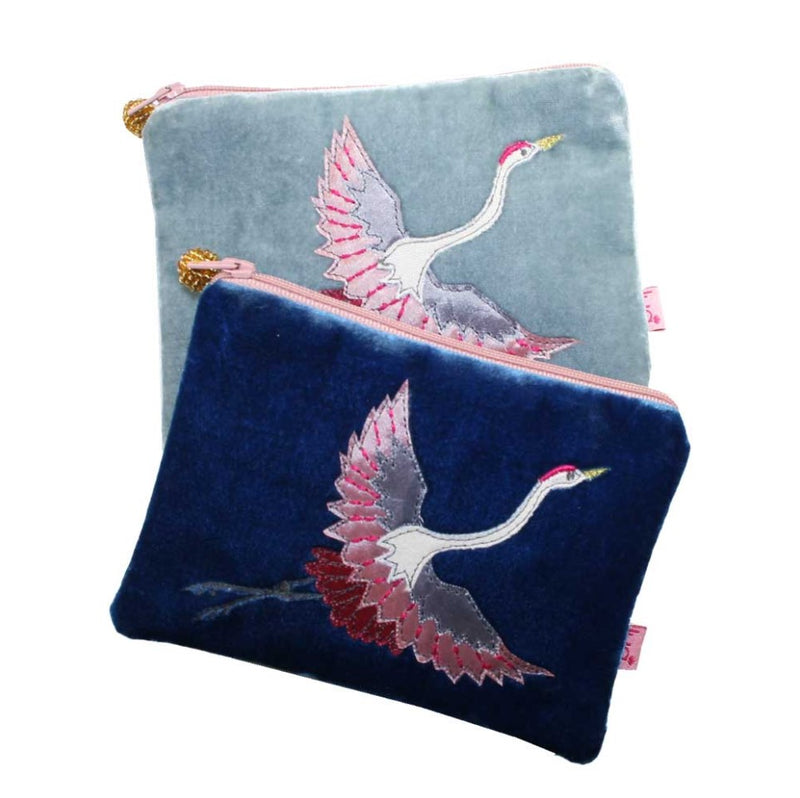 FLYING CRANE VELVET PURSE Duck egg blue