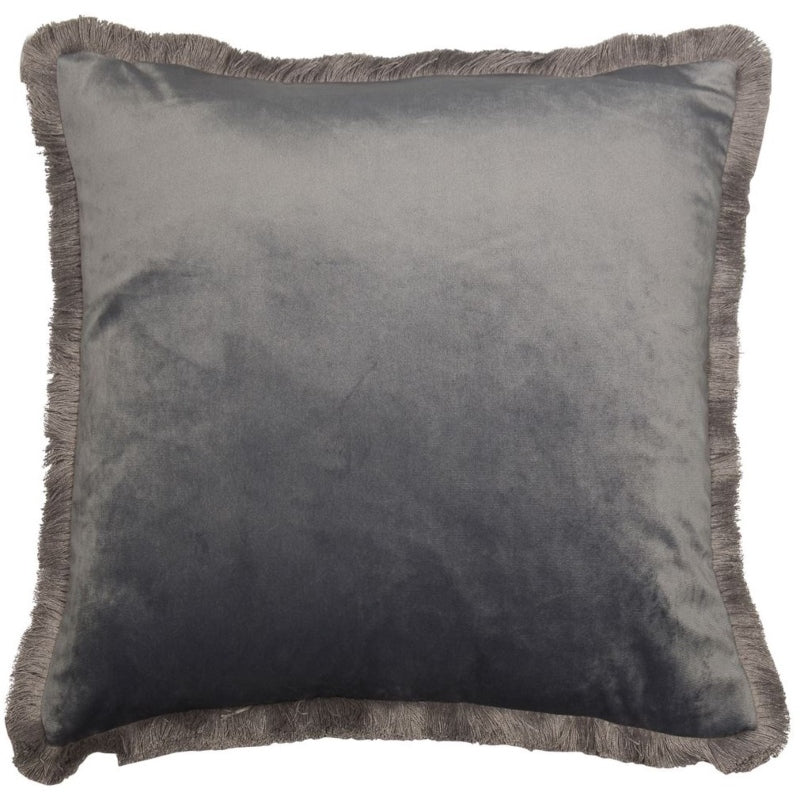 TASSEL TRIM GREY VELVET CUSHION